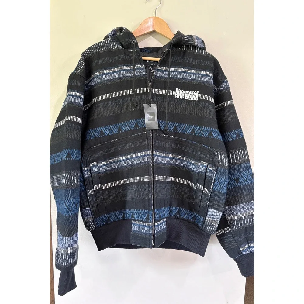 HUF X Bronze56k Mens Medium Baja Work Jacket Black Blue Baja Blanket Embroidered
